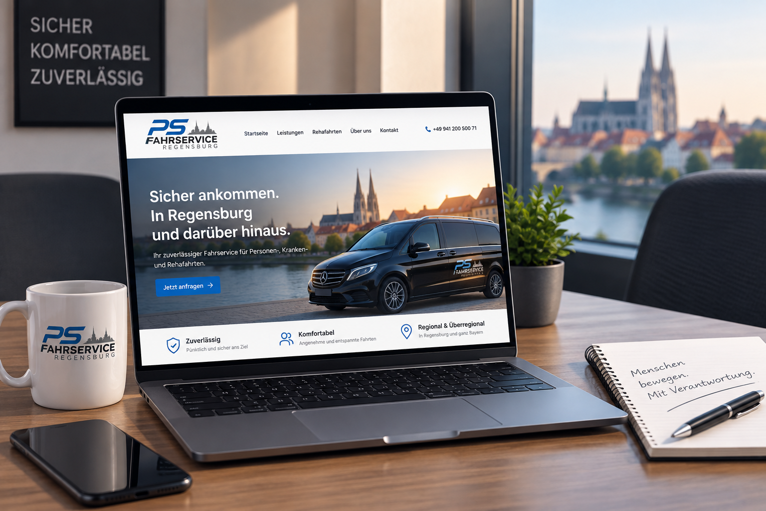Arbeitsplatz mit Fahrservice-Website