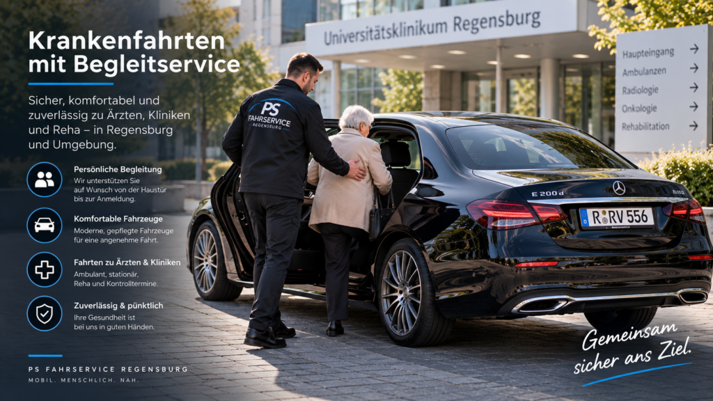 Krankenfahrt mit Begleitservice in Regensburg – Fahrgast wird beim Einsteigen in eine Mercedes E-Klasse unterstützt